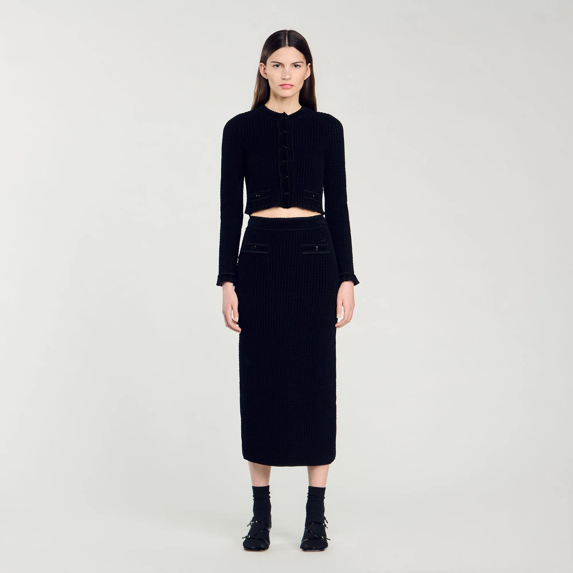 Leandra Velvet Knit Midi Skirt Black
