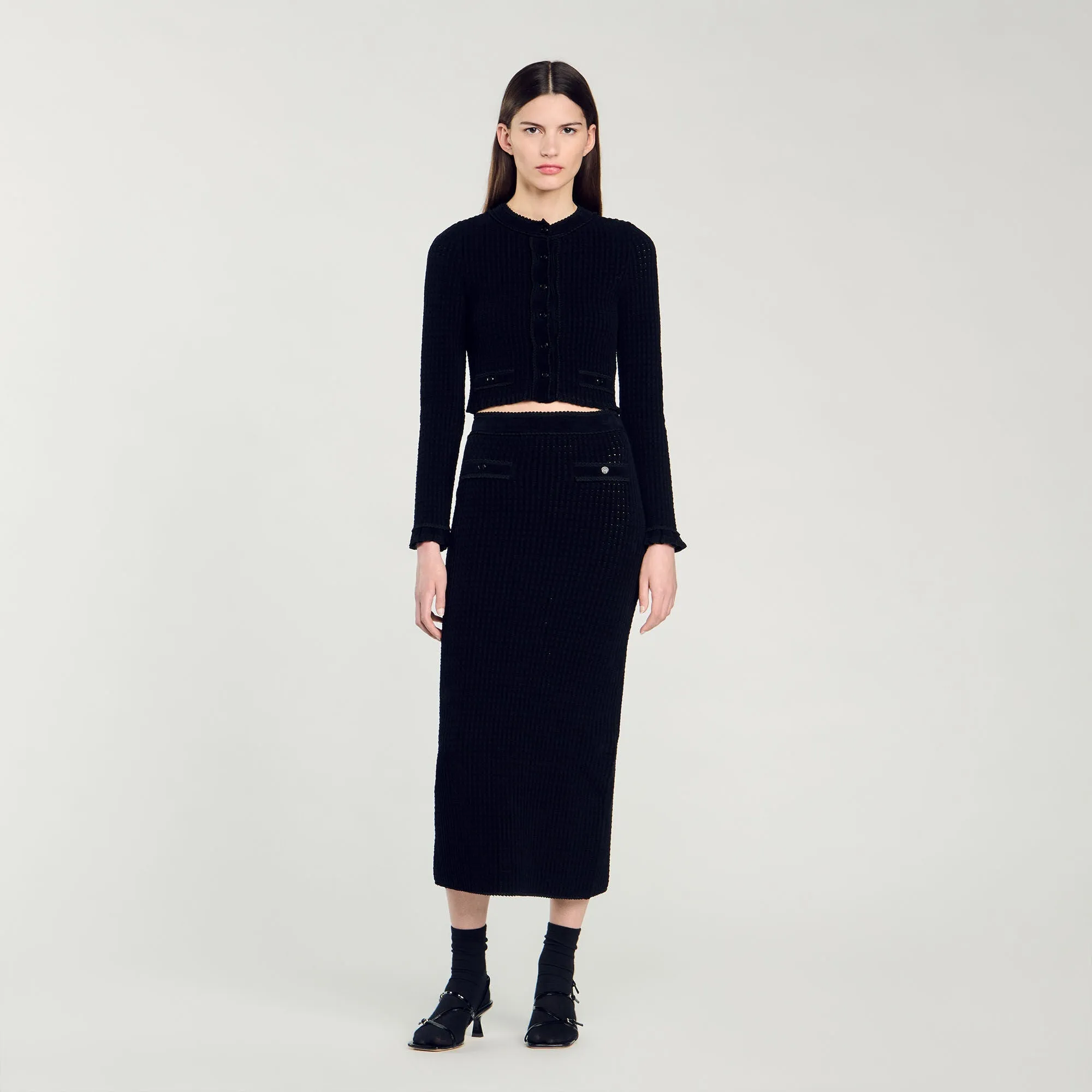 Leandra Velvet Knit Midi Skirt Black