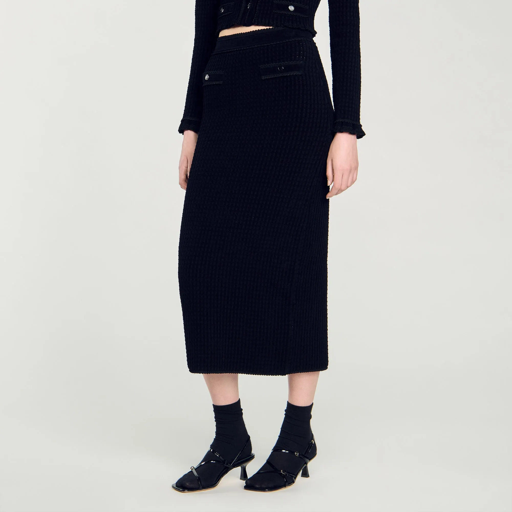 Leandra Velvet Knit Midi Skirt Black