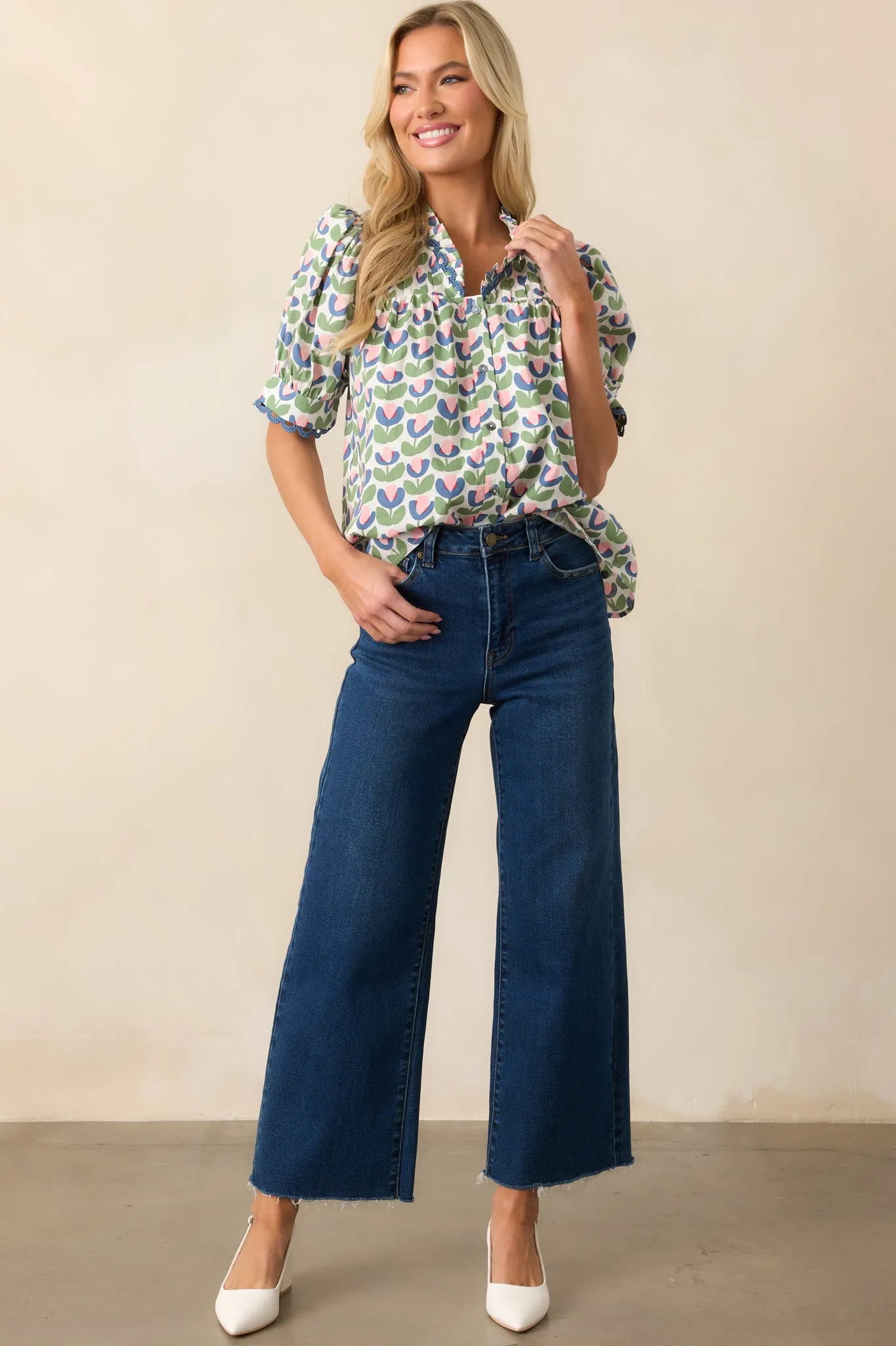 Lemonade Stand Green Floral Cotton Button Front Blouse