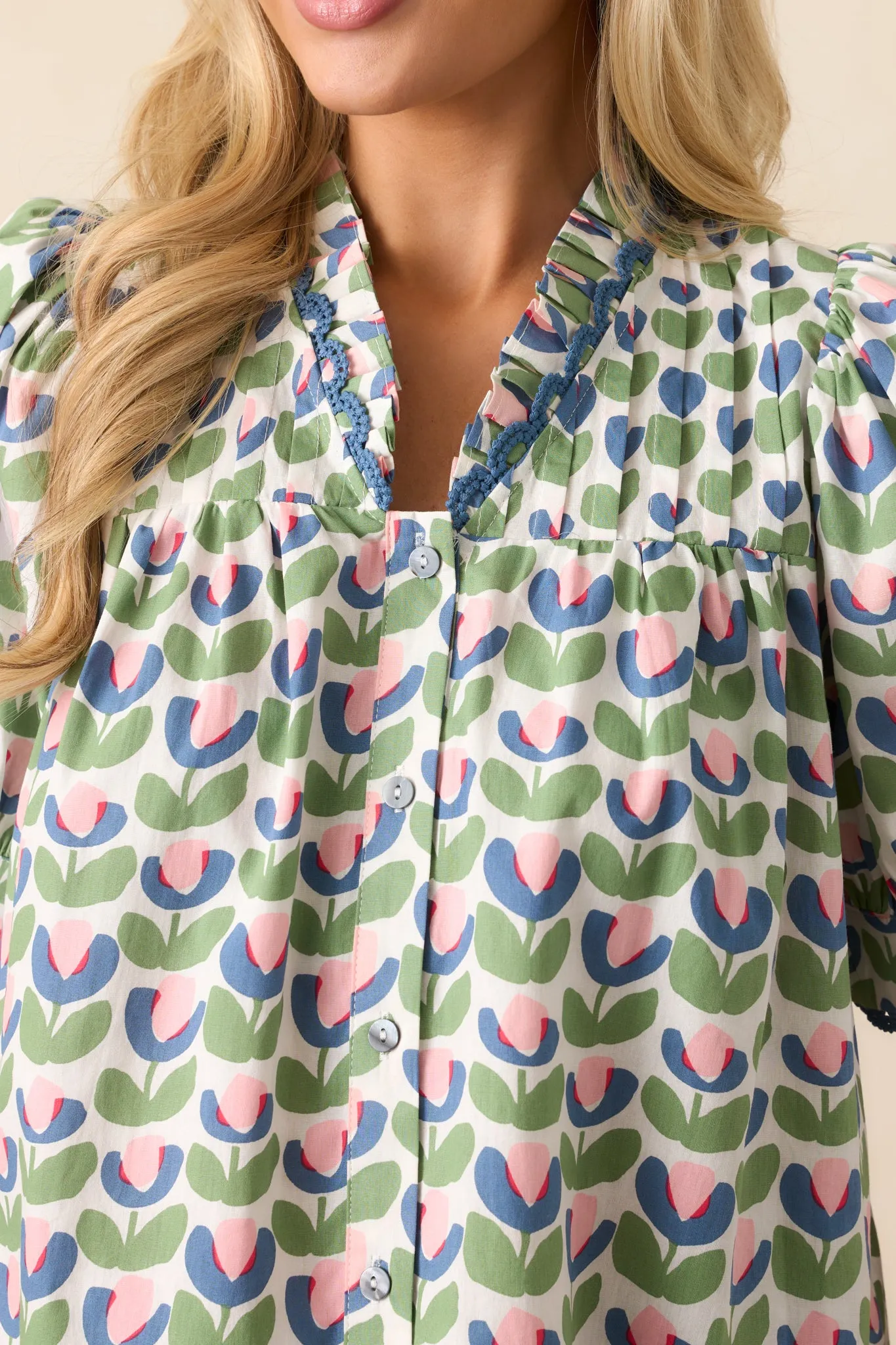 Lemonade Stand Green Floral Cotton Button Front Blouse