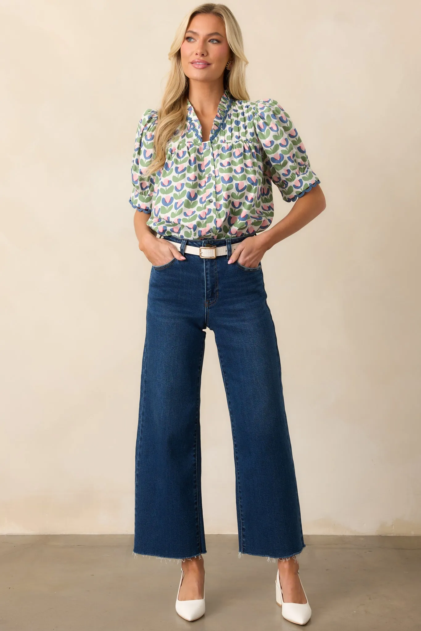 Lemonade Stand Green Floral Cotton Button Front Blouse
