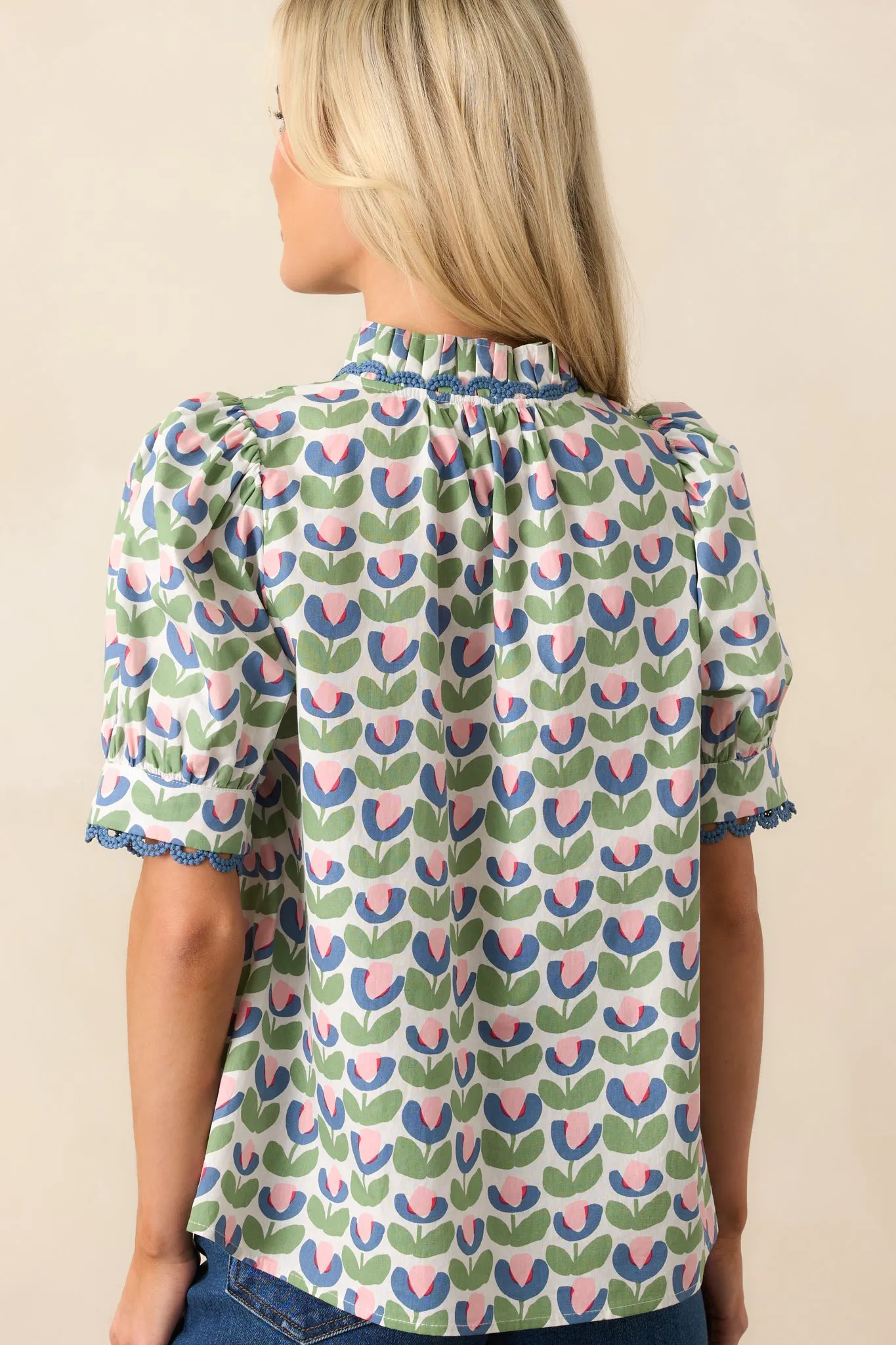 Lemonade Stand Green Floral Cotton Button Front Blouse