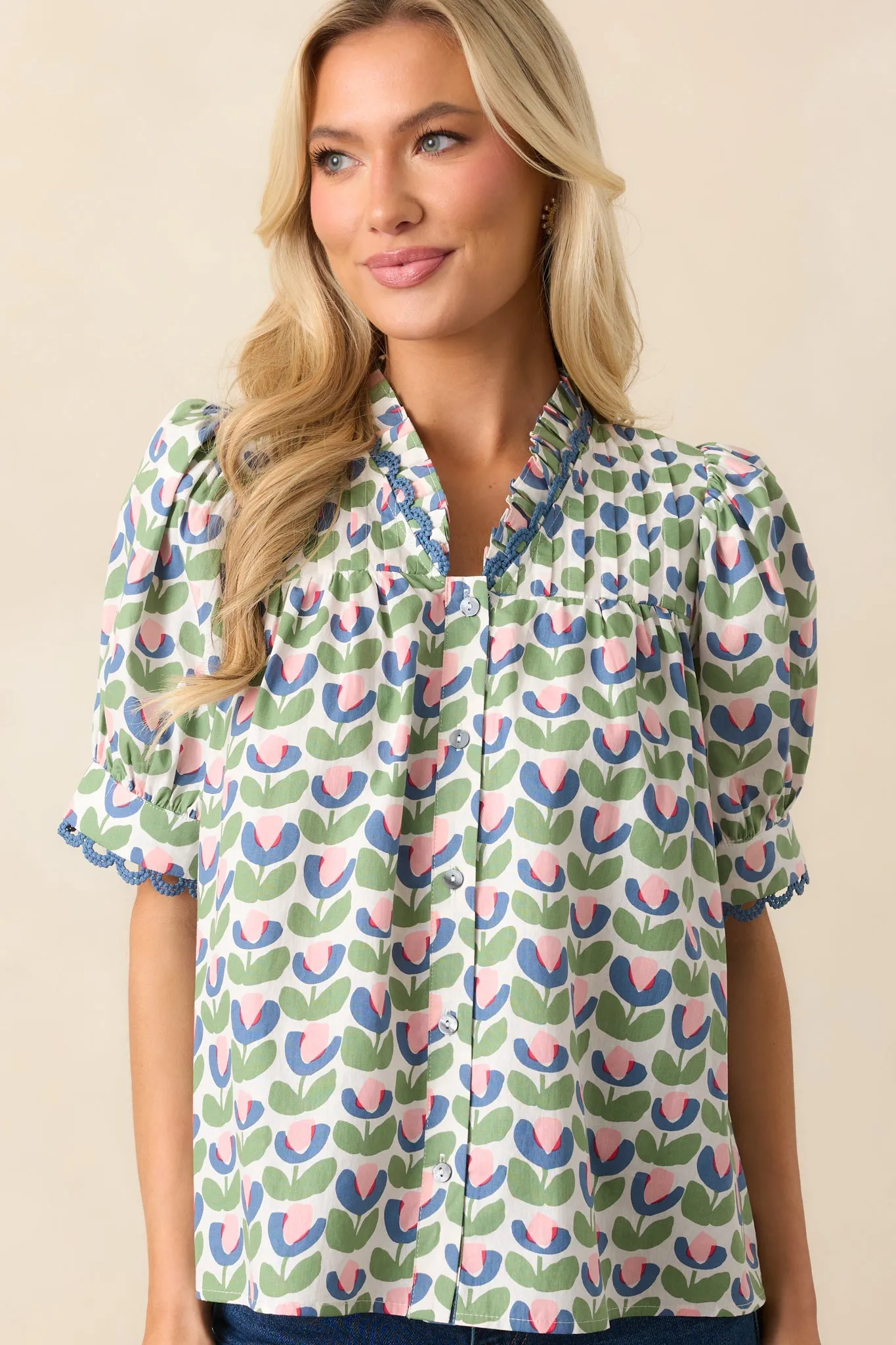Lemonade Stand Green Floral Cotton Button Front Blouse