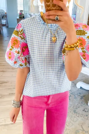 Light Blue Gingham Embroidered Puff Sleeve Blouse