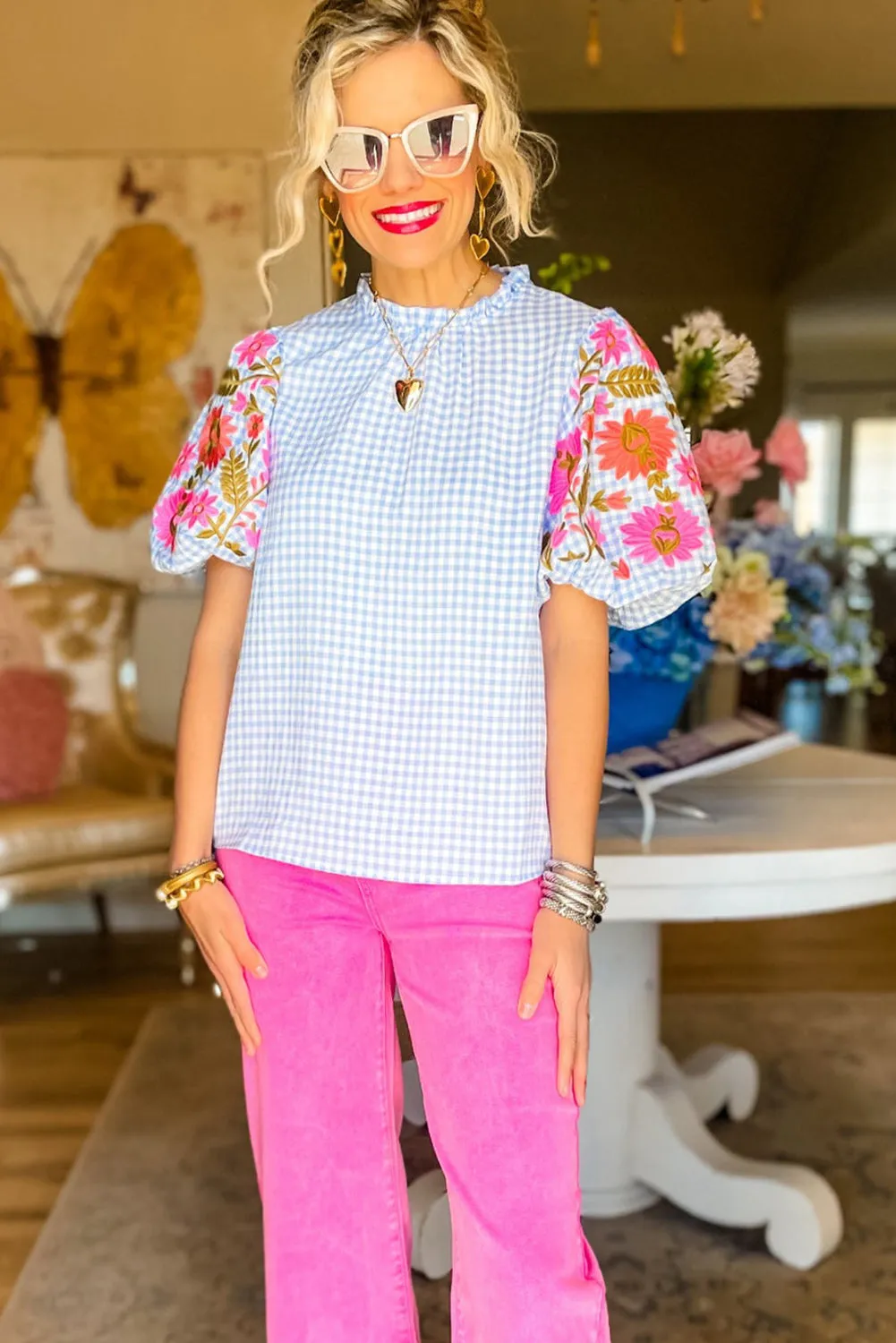 Light Blue Gingham Embroidered Puff Sleeve Blouse