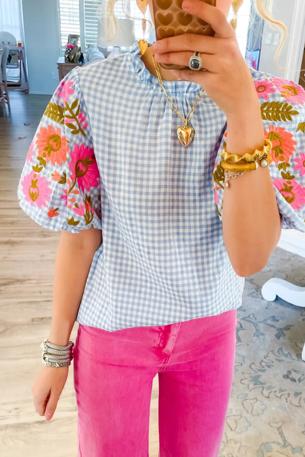 Light Blue Gingham Embroidered Puff Sleeve Blouse