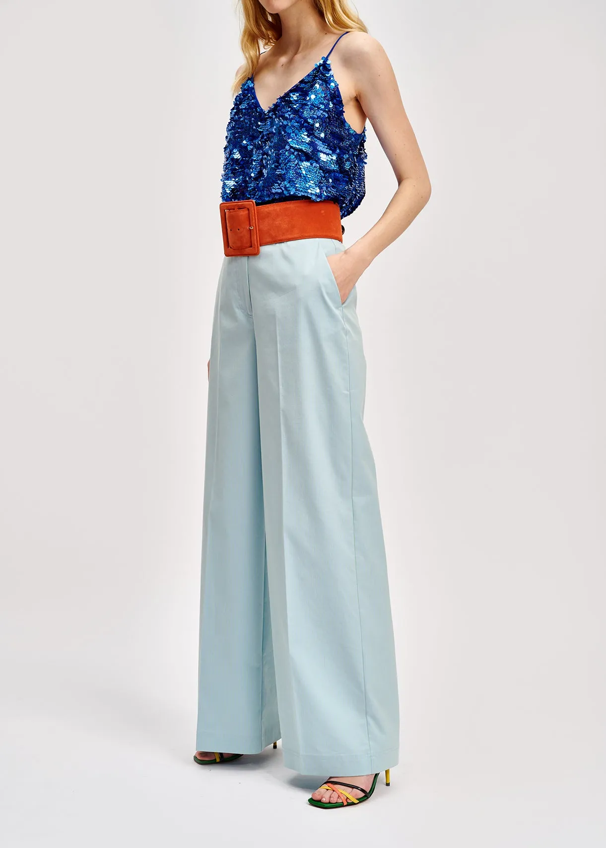 Light blue plaid wide-leg pants