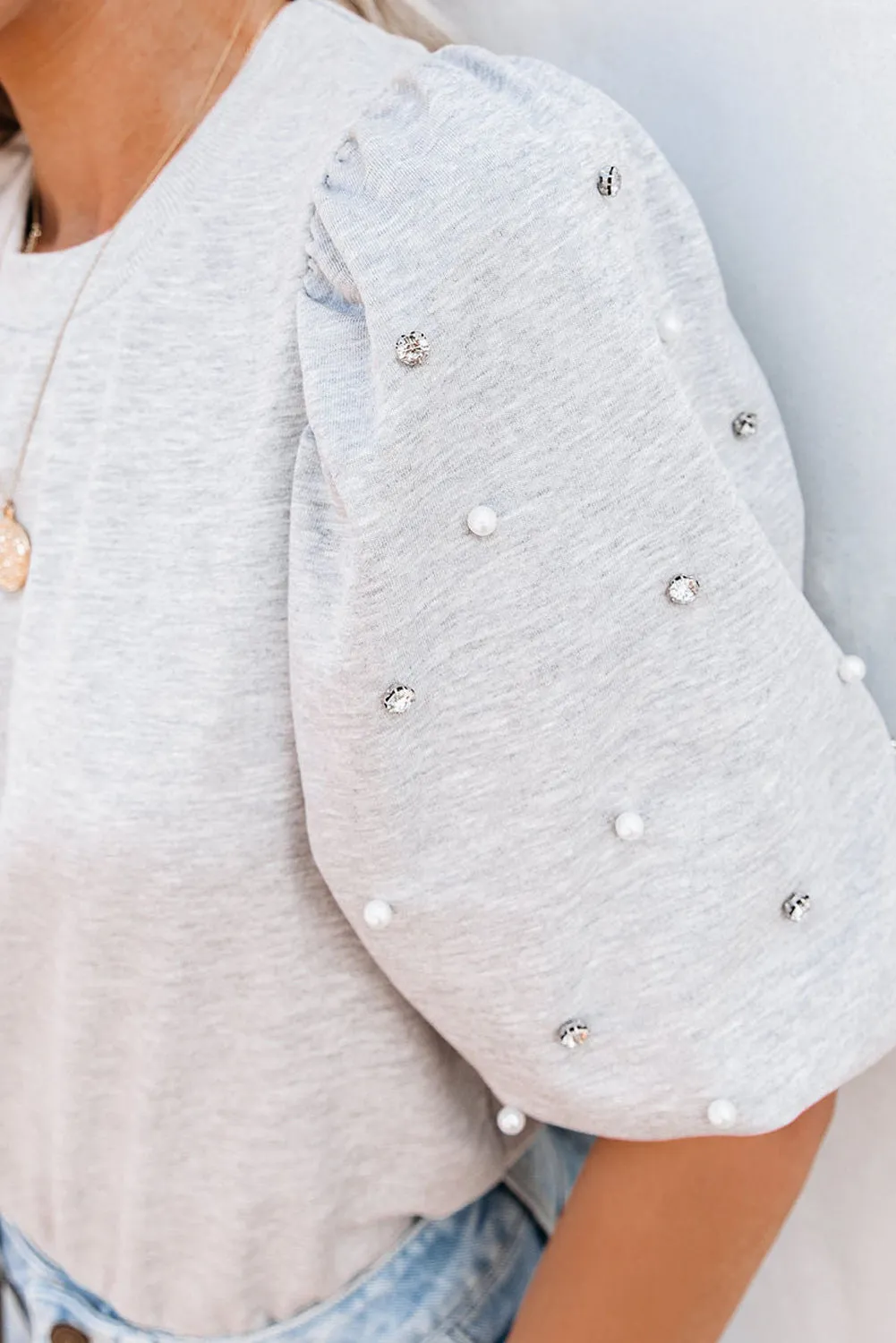 Light Grey Rhinestone Pearl Puff Short Sleeve Top