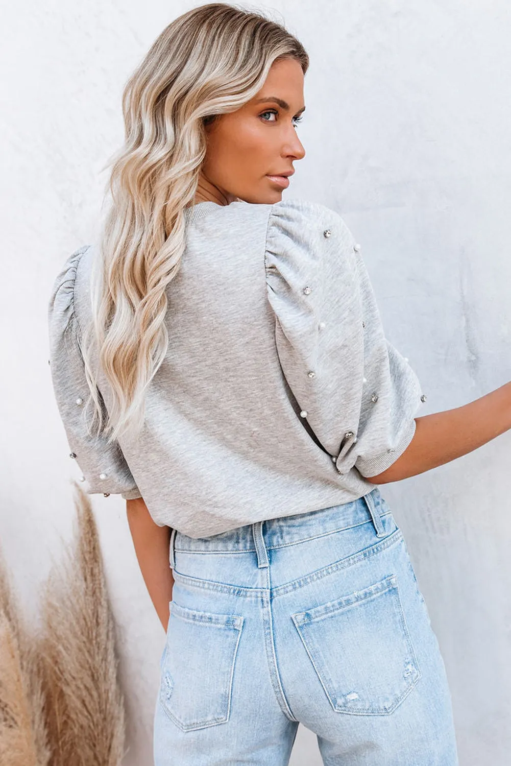 Light Grey Rhinestone Pearl Puff Short Sleeve Top