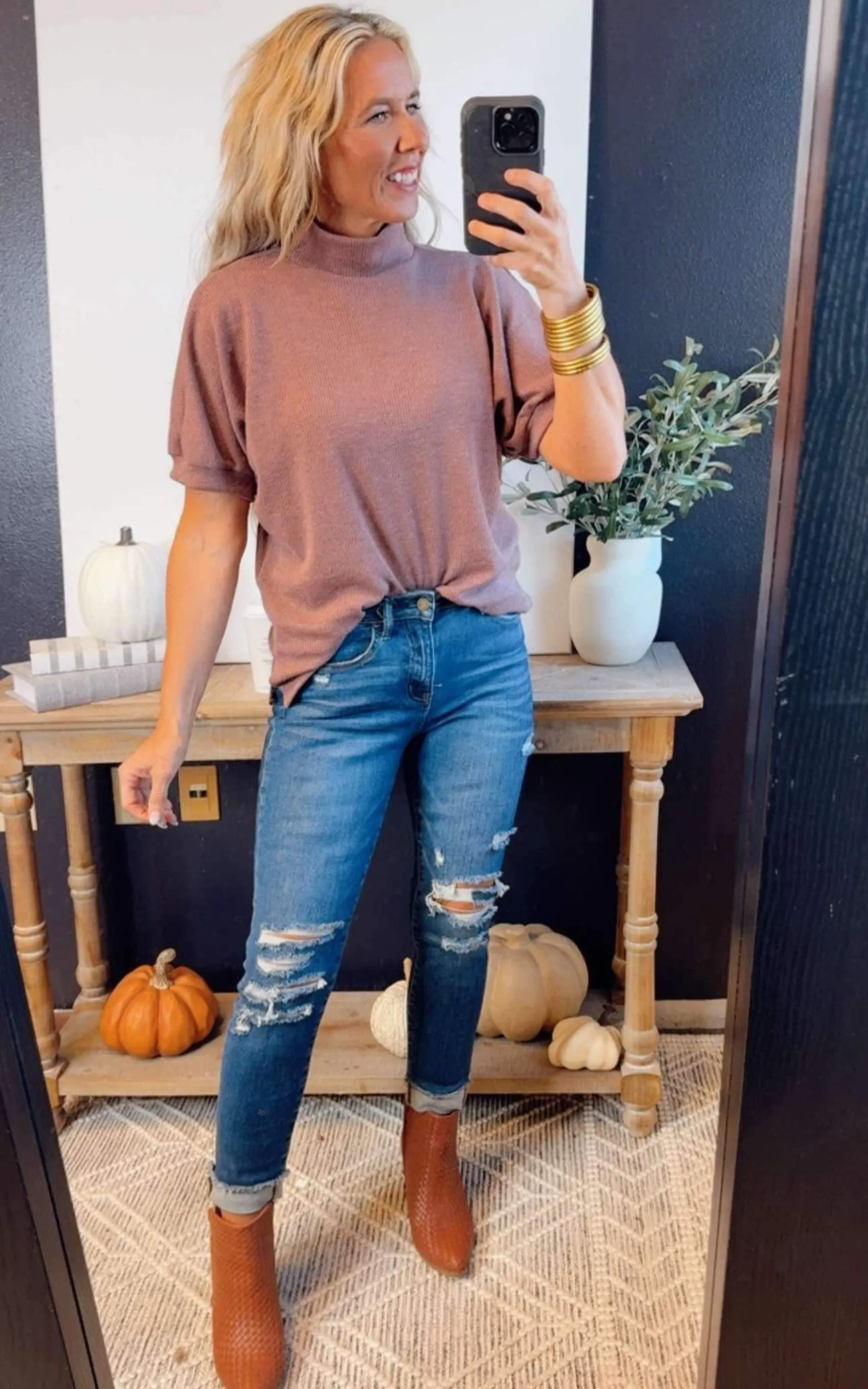 Light Mocha Cowl Neck Puff Sleeve Top - Final Sale**