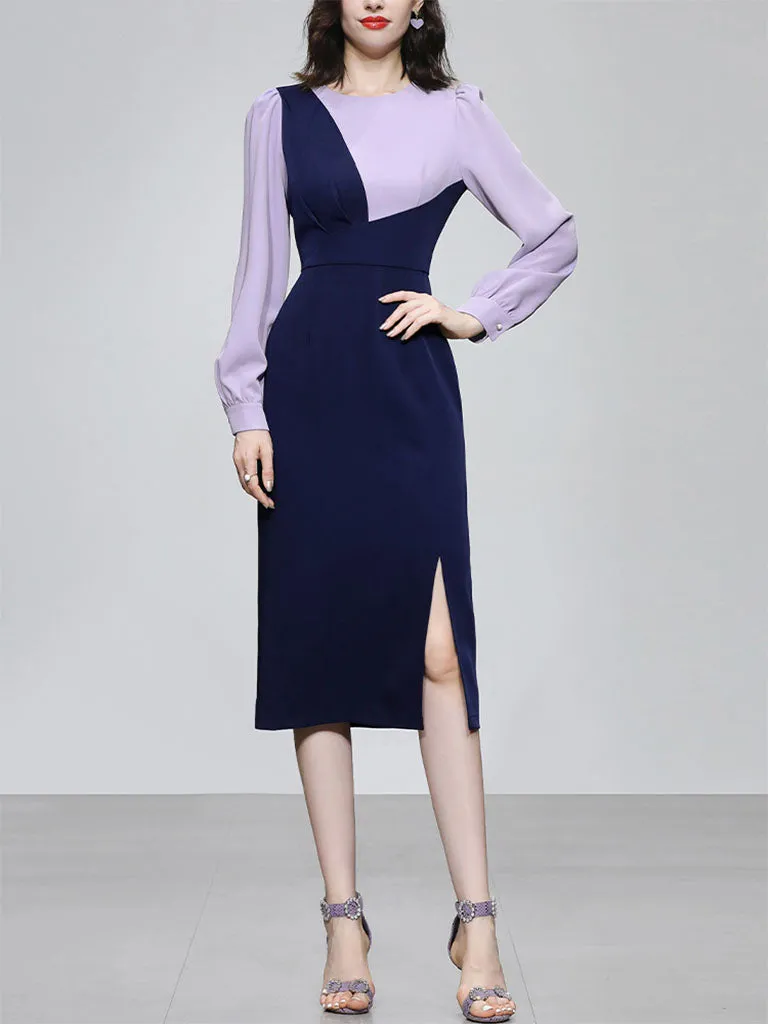 Lilac And Navy Lantern Sleeve Slit Dress Vintage 1940S Dress