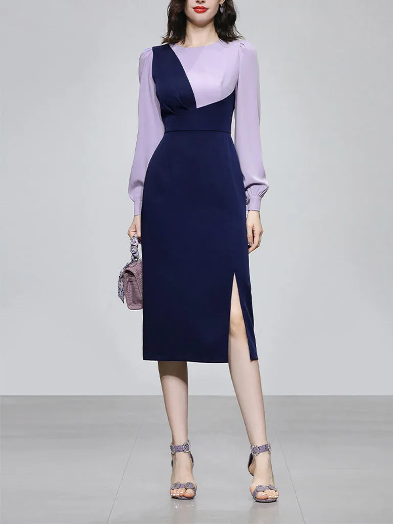 Lilac And Navy Lantern Sleeve Slit Dress Vintage 1940S Dress