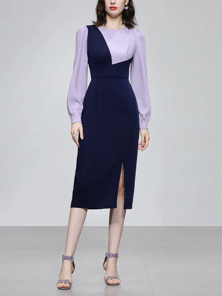 Lilac And Navy Lantern Sleeve Slit Dress Vintage 1940S Dress