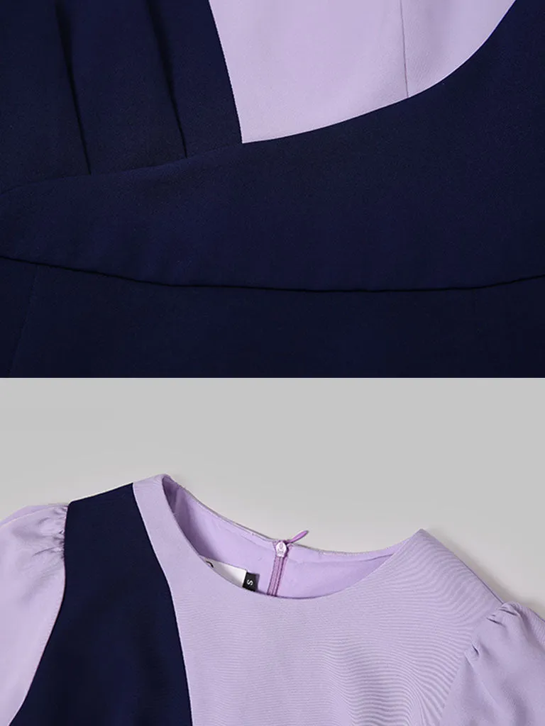 Lilac And Navy Lantern Sleeve Slit Dress Vintage 1940S Dress