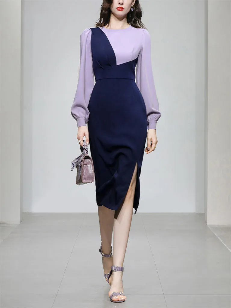 Lilac And Navy Lantern Sleeve Slit Dress Vintage 1940S Dress
