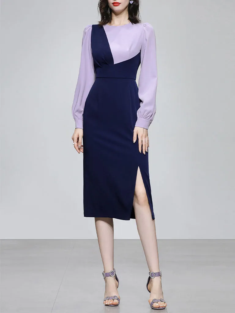 Lilac And Navy Lantern Sleeve Slit Dress Vintage 1940S Dress