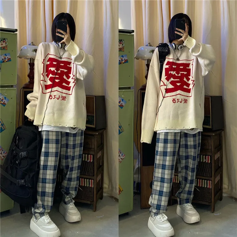 [@__lil_zi__ ] "LOVE" SWEATER / BLUE PLAID PANTS N121503