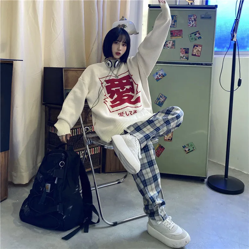 [@__lil_zi__ ] "LOVE" SWEATER / BLUE PLAID PANTS N121503