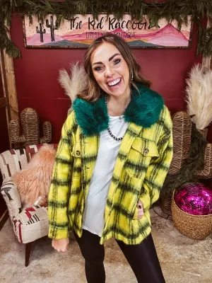 Lime   Yellow Fuzzy Plaid Jacket with Furry Collar