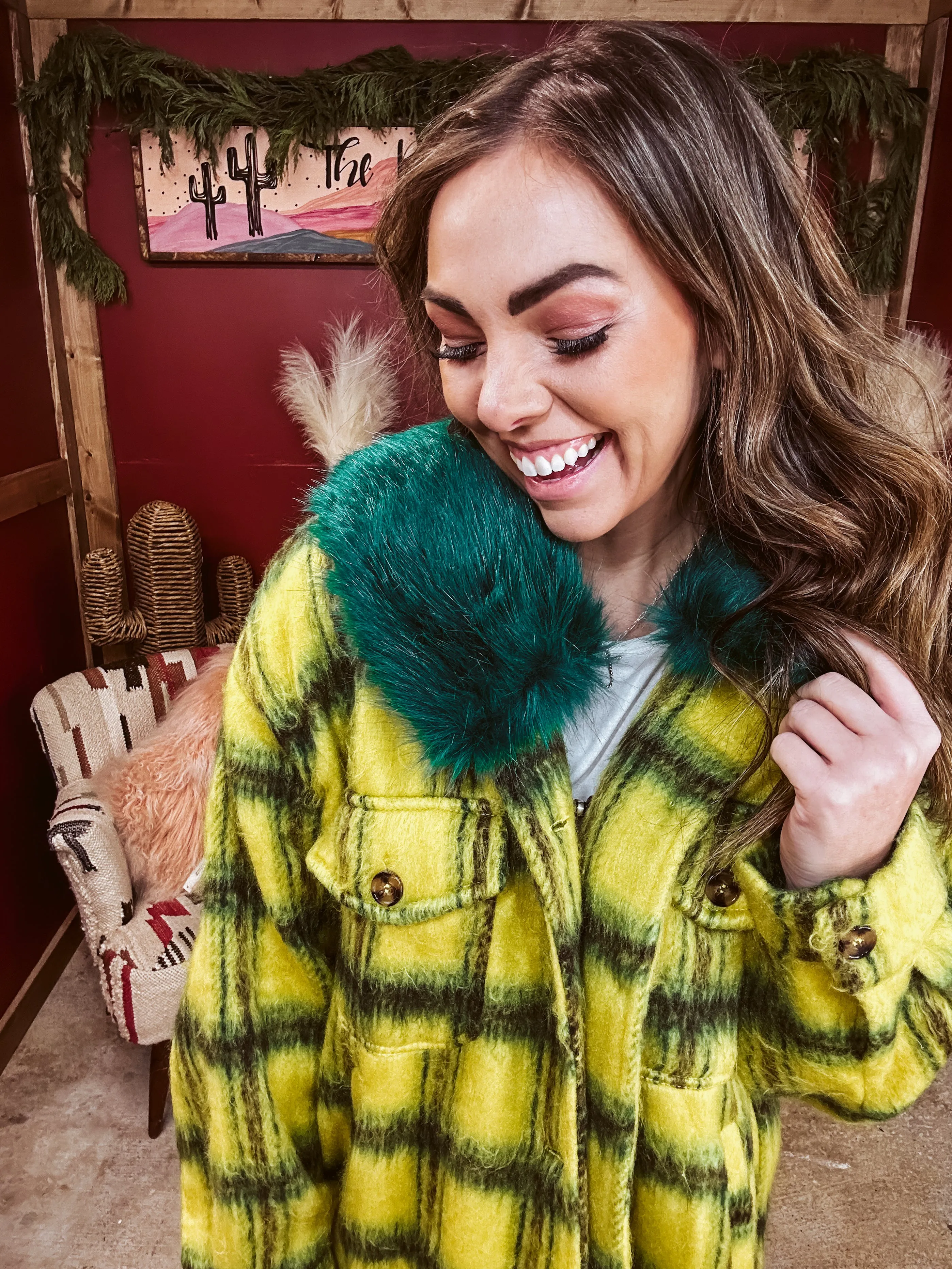 Lime   Yellow Fuzzy Plaid Jacket with Furry Collar
