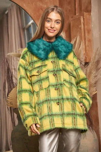 Lime   Yellow Fuzzy Plaid Jacket with Furry Collar
