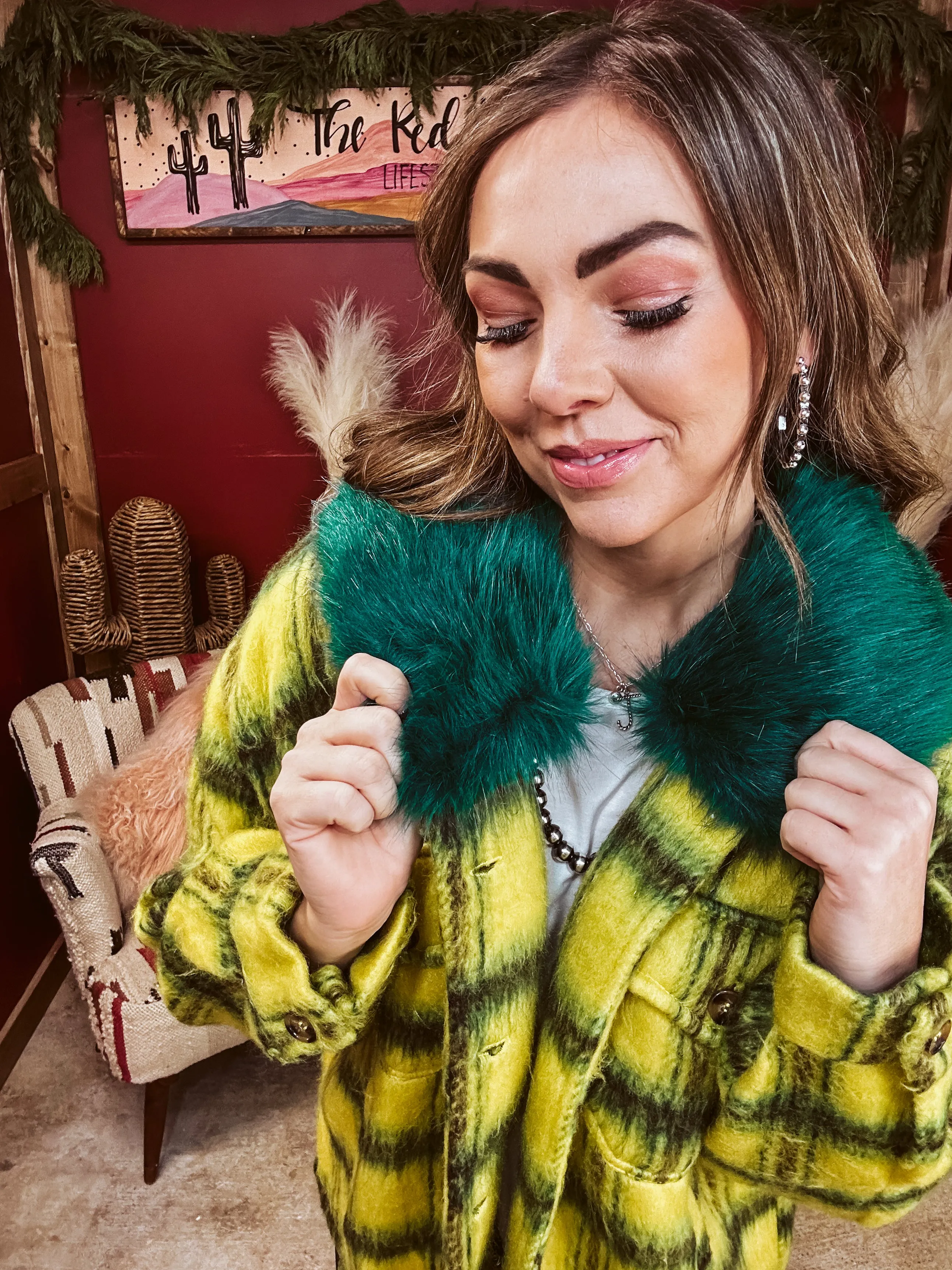 Lime   Yellow Fuzzy Plaid Jacket with Furry Collar