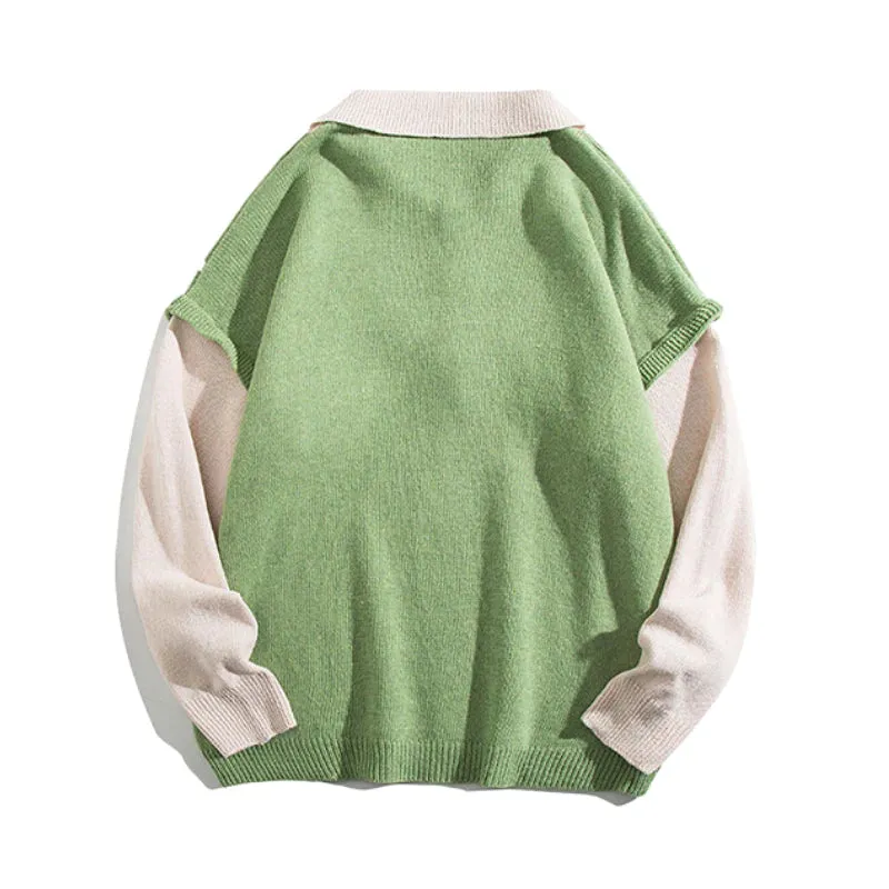 Literary Fake Two-piece Polo Collar Sweater