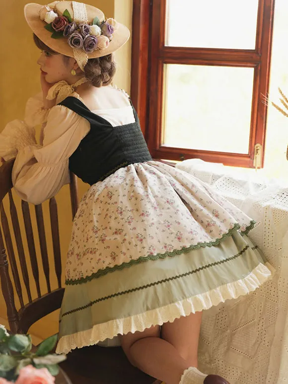 Lolita Dresses Tea Party Style Lolita Skirt Ruffles Sleeveless Polyester Pastoral Style Floral Print Light Green