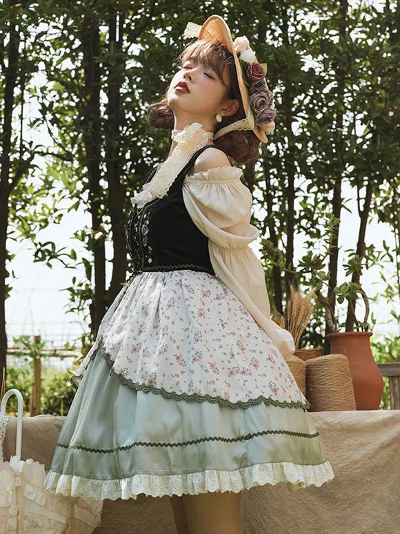 Lolita Dresses Tea Party Style Lolita Skirt Ruffles Sleeveless Polyester Pastoral Style Floral Print Light Green