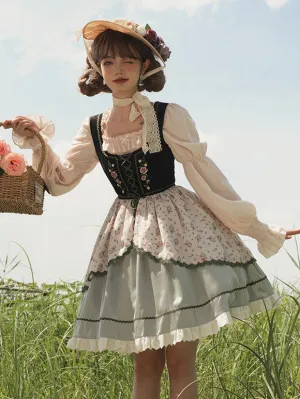 Lolita Dresses Tea Party Style Lolita Skirt Ruffles Sleeveless Polyester Pastoral Style Floral Print Light Green