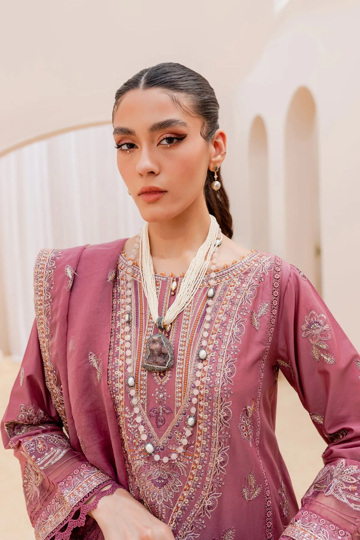 Long Paneled Tea Pink Embroidered Kameez Trousers Pakistani Party Wear