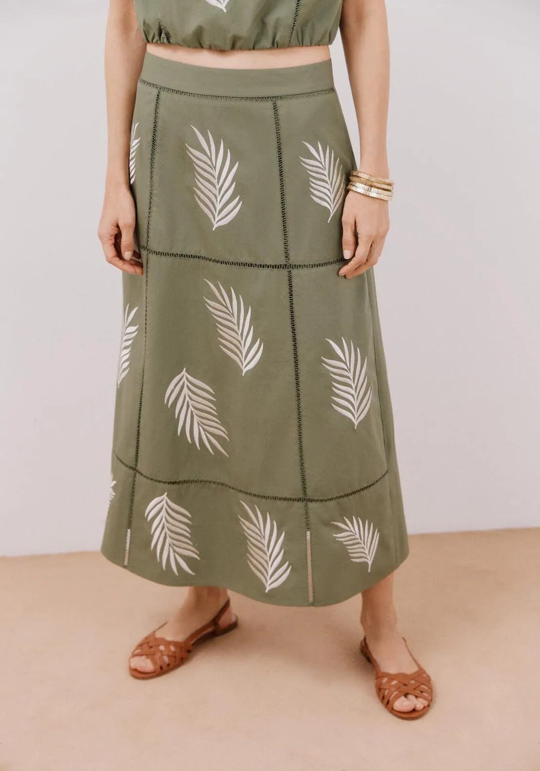 Long Skirt With Embroidered - Dark Khaki
