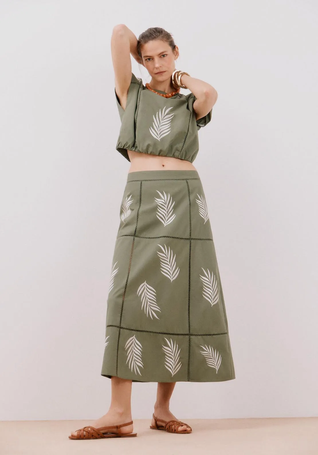 Long Skirt With Embroidered - Dark Khaki