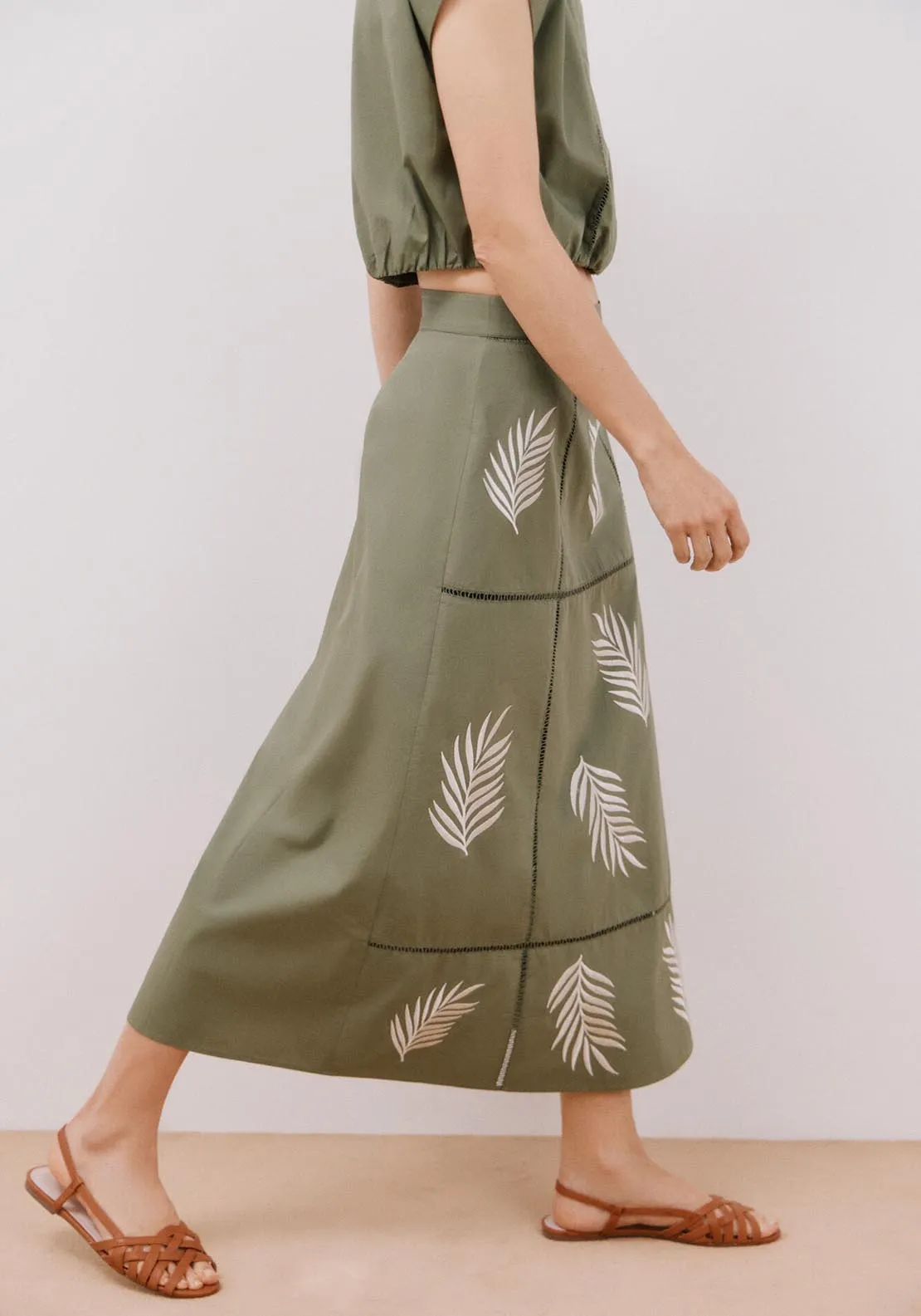 Long Skirt With Embroidered - Dark Khaki