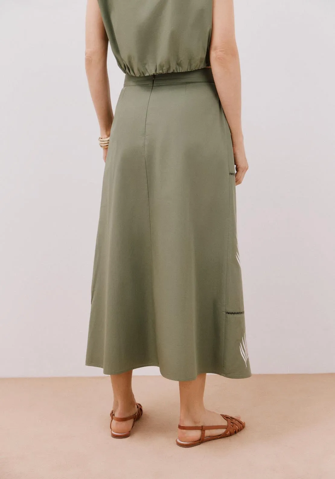 Long Skirt With Embroidered - Dark Khaki