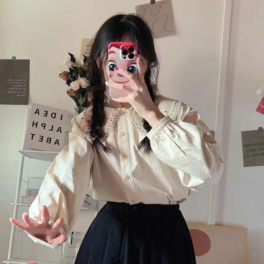 Long Sleeve Cute Peter Pan Collar Flower Blouse Shirt