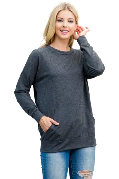 Long Sleeve French Terry Top with Kangaroo Pocket Top Charcoal - Pack of 4