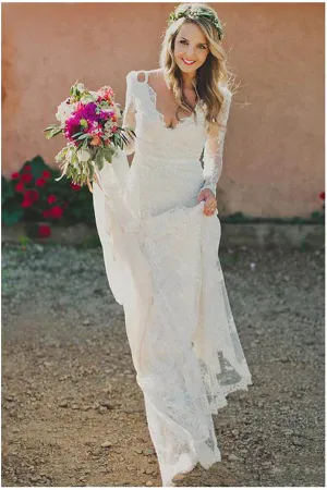 Long Sleeve Lace V-Neck Ivory Vintage Beach Wedding Dresses,MW299