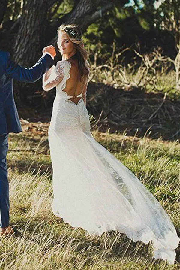 Long Sleeve Lace V-Neck Ivory Vintage Beach Wedding Dresses,MW299