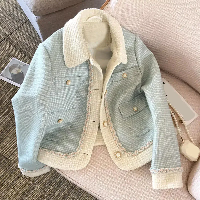 Long Sleeve Light Blue Cropped Elegant Tweed Jacket
