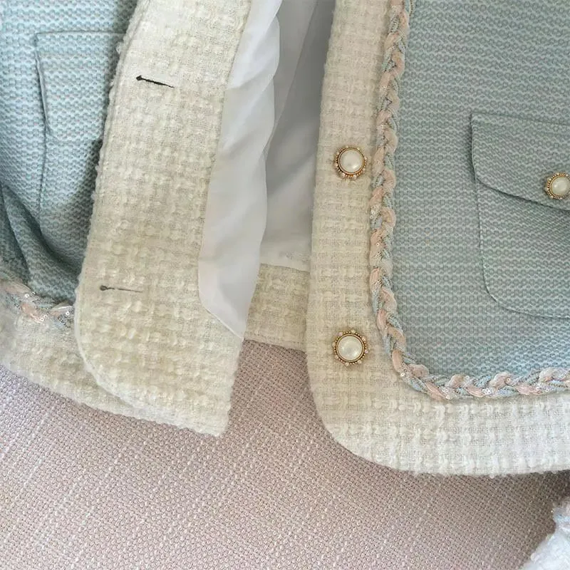 Long Sleeve Light Blue Cropped Elegant Tweed Jacket