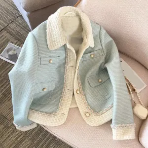 Long Sleeve Light Blue Cropped Elegant Tweed Jacket