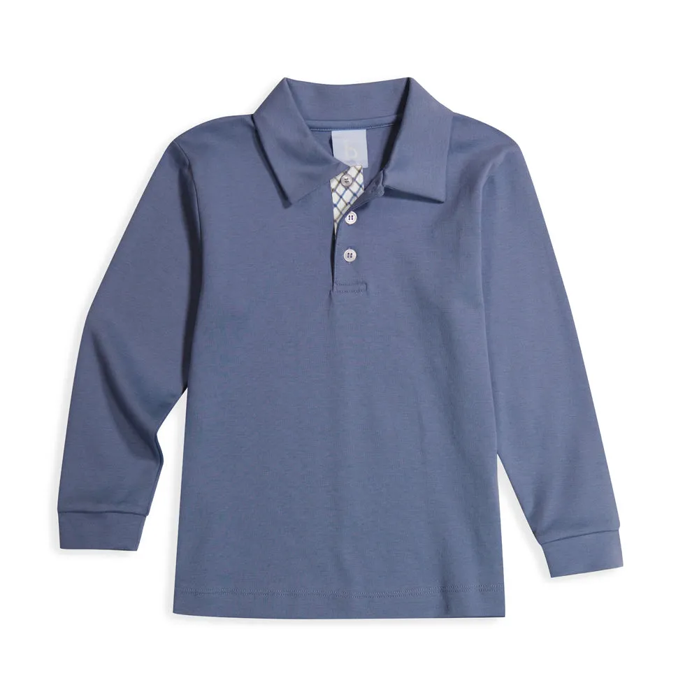 Long Sleeve Pima Polo with Printed Contrast Collar -- Steel Blue w/ Dutton Check