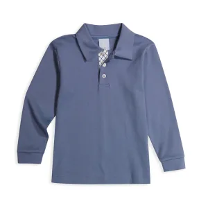 Long Sleeve Pima Polo with Printed Contrast Collar -- Steel Blue w/ Dutton Check
