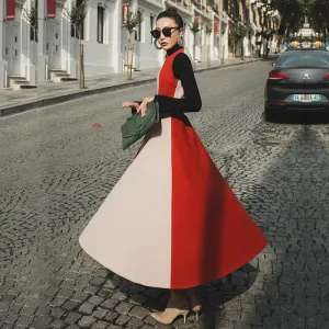 Long Sleeve Vintage Woolen Retro Red A-Line Formal Maxi Dress