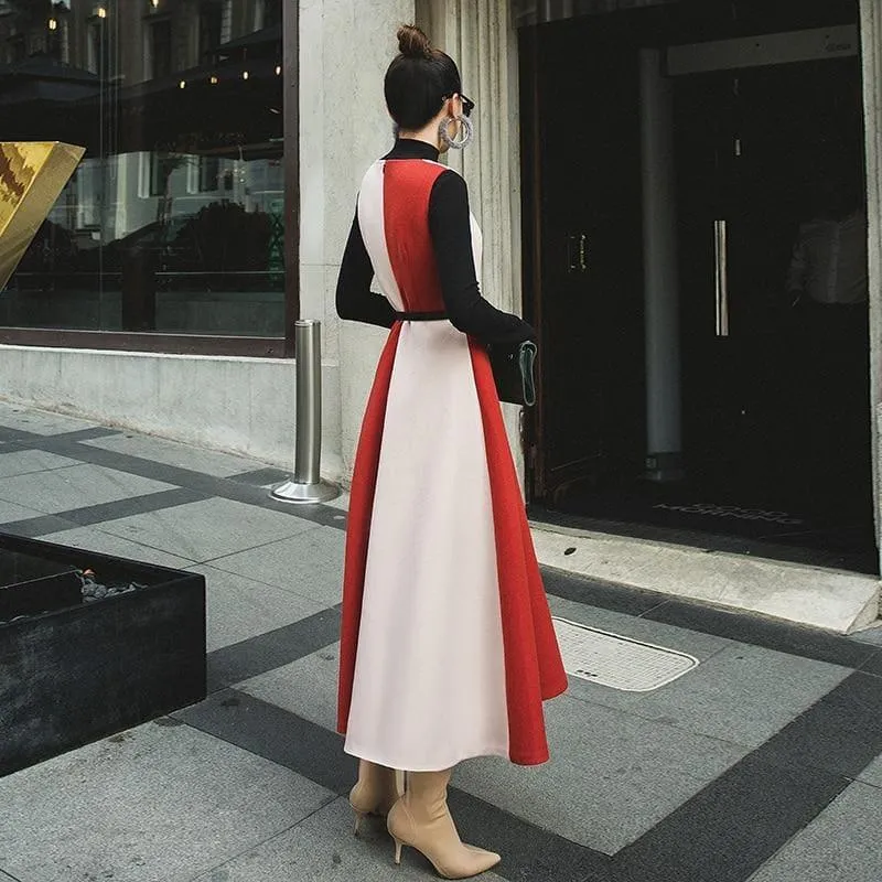 Long Sleeve Vintage Woolen Retro Red A-Line Formal Maxi Dress