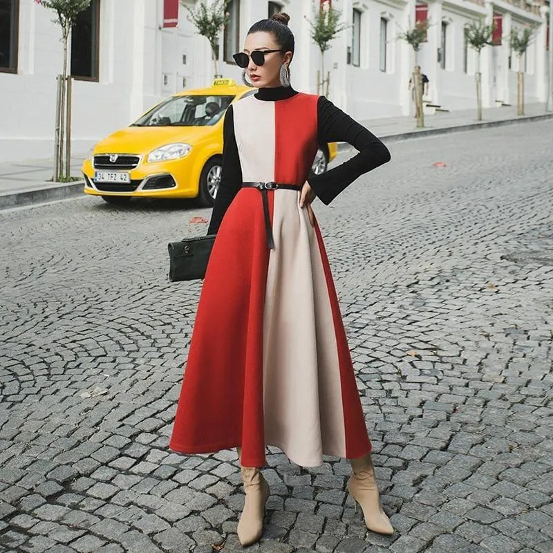 Long Sleeve Vintage Woolen Retro Red A-Line Formal Maxi Dress