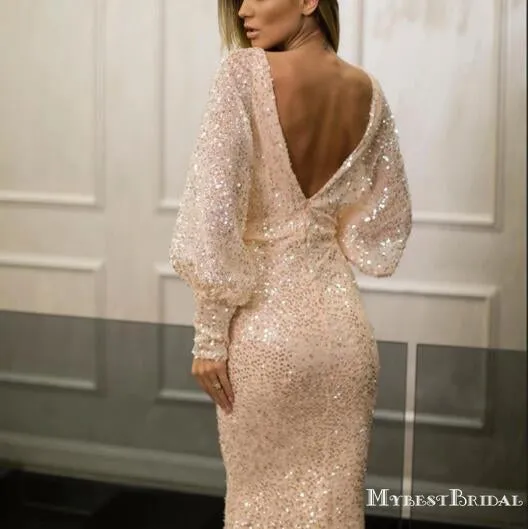 Long Sleeves V-neck Sexy Backless Champagne Sequin Long Cheap Formal Evening Prom Dresses, TYP0125