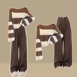 Loose Striped Knit Sweater & High Waisted Jeans Two-piece Set Winter Clothes